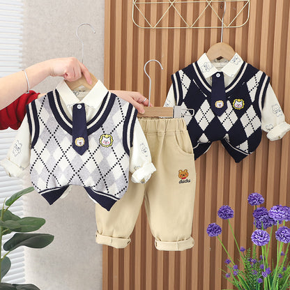 A boys and girls pullover plaid sweater vest three-piece set spring and autumn new children's foreign clothes children's set wholesale