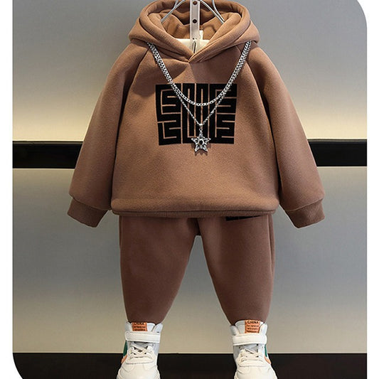 A children's new autumn and winter velvet hooded sweater beautiful suit foreign style baby children's winter clothing handsome fried street