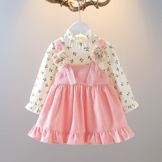 Girls dress spring and autumn clothes new baby girl skirt 0-4 years old round neck princess style children's clothes fake two skirts