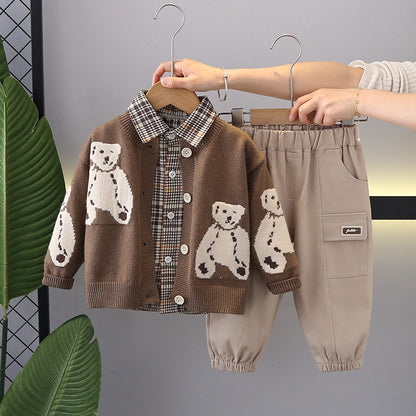 A Children's shirt sweater set New Korean version of children's cartoon autumn clothes baby long-sleeved jacket three-piece set