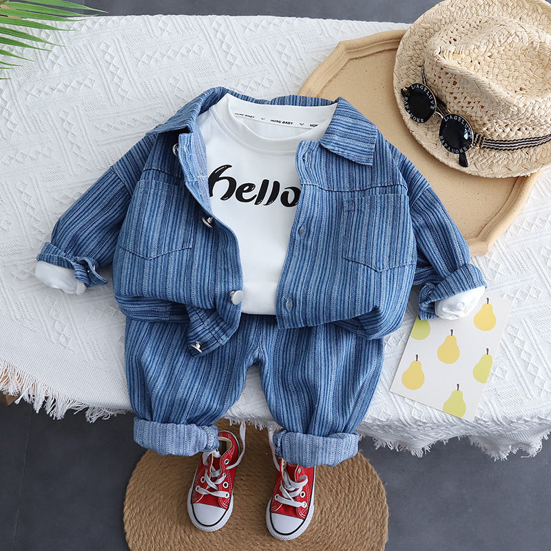 Boys Spring and Autumn Vertical Pattern Denim Set New Children's Sports Spring Clothing Baby Western Spring Three Piece Set Tide 0.3KG