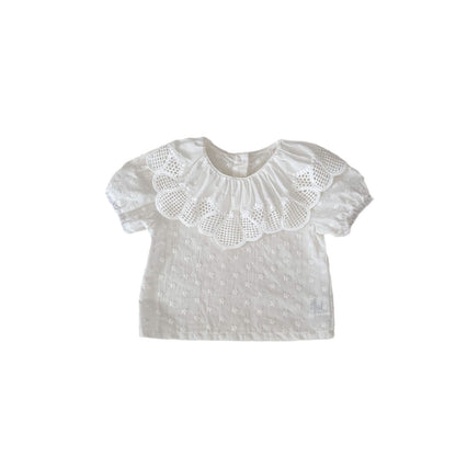 A 2024 Summer Baby Girl Sweet and Versatile Big Lace Collar Embroidered Small Flower Bubble Short sleeved Top with Bottom