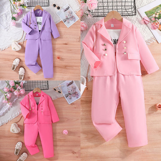 New girl's spring and autumn long sleeved jacket+camisole top+long pants three piece set of children's letter children's clothing 0.27kg