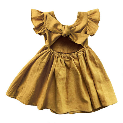 New Girls' Dress Baby Cotton Linen Solid Color Children's Dress Bow Princess Dress Fluffy Dress 0.123kg