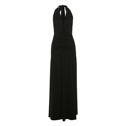 A European and American style 2024 summer new women's clothing temperament neck V-neck long dress sexy split pleated backless dress