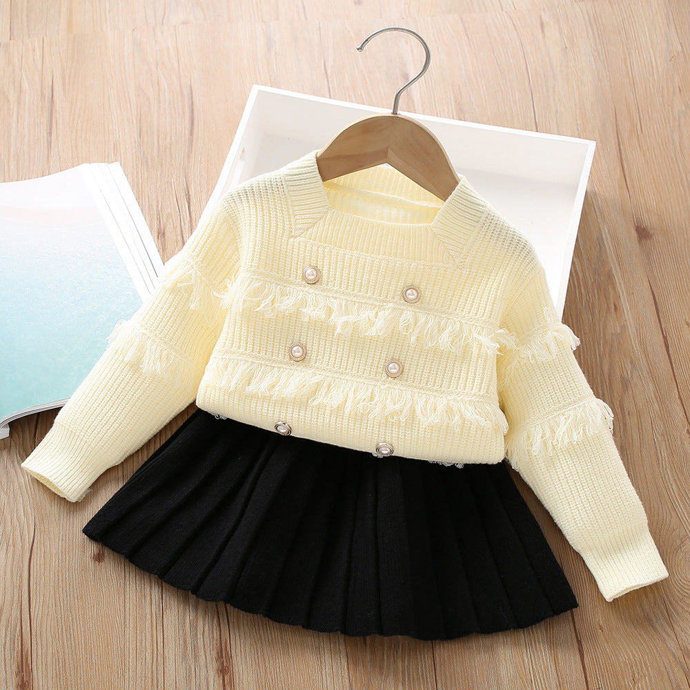 A Girls sweater set  autumn Korean version of fashionable little girl fringed foreign style knitted long-sleeved pullover two-piece set