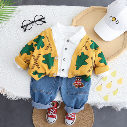 A Casual children's clothing cartoon animal printing cardigan spring and autumn three-piece baby suit manufacturer source wholesale