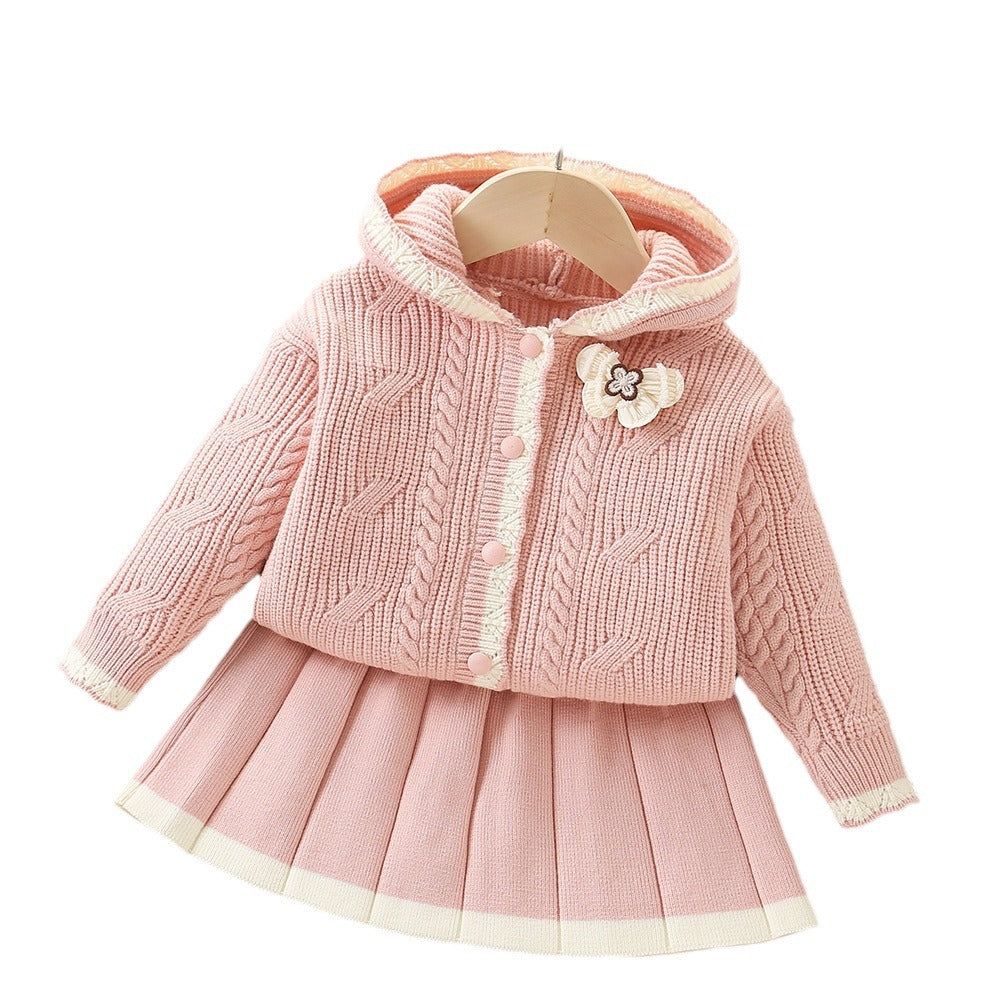 A girls sweater set autumn and winter new Korean version of foreign style baby girl fashionable knitted hooded cardigan two-piece set