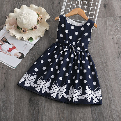 Vestido de verano para niñas, estilo extranjero coreano, falda para niños, vestido con lazo y lunares, 0,2 kg 