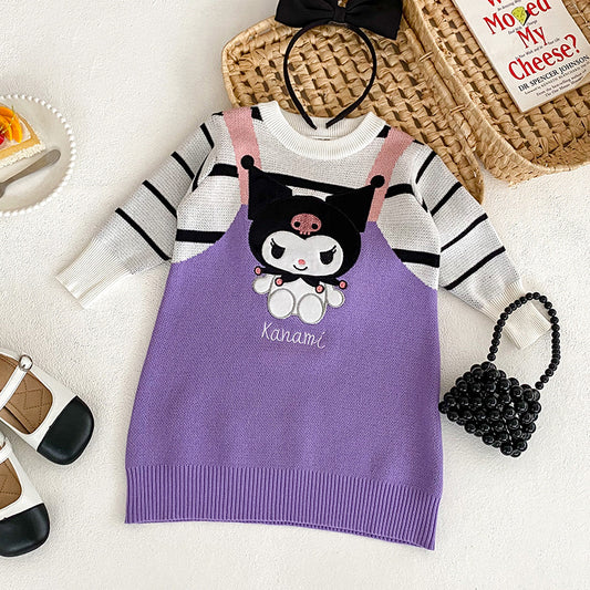 A new girl fake two-piece dress autumn and winter thermal cotton dress cute cartoon character versatile purple princess