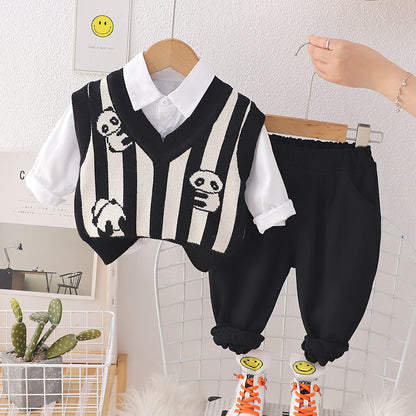 A vest three-piece autumn new striped panda cute top outdoor street shooting fashion suit manufacturer wholesale