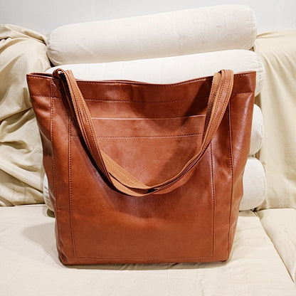 Women's soft leather handbag with pocket, one-shoulder vintage waxed leather, large capac 0.56KG