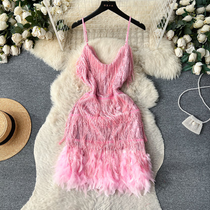 A feather splicing sequined dress women's European and American ins high-end dress sexy halter waist suspender fringed skirt