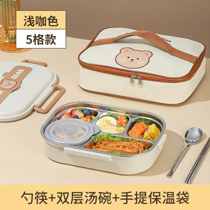 A 304 stainless steel insulated lunch box divided into two cute student compartments, sealed bento box with lid, lunch box