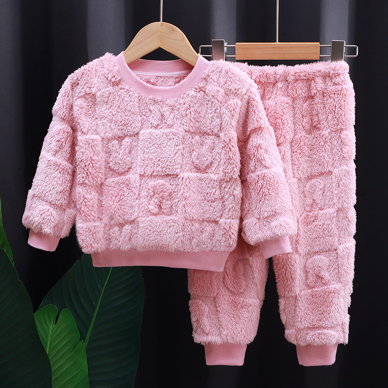 A Children's flannel pajamas set Boys and girls Korean version of warm and thickened loungewear Baby fleece clothes set