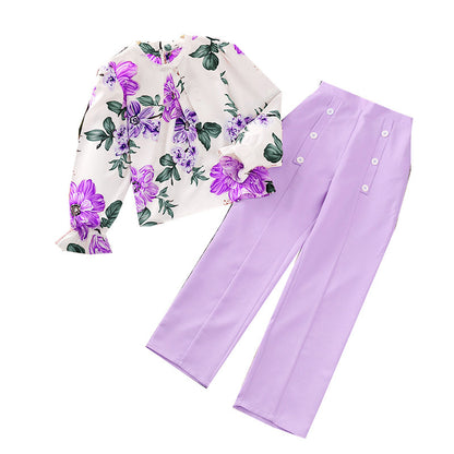 popular girls' suit,  spring new children's clothing printing, long-sleeved top, trousers, foreign trade children's clothing, 0.18kg