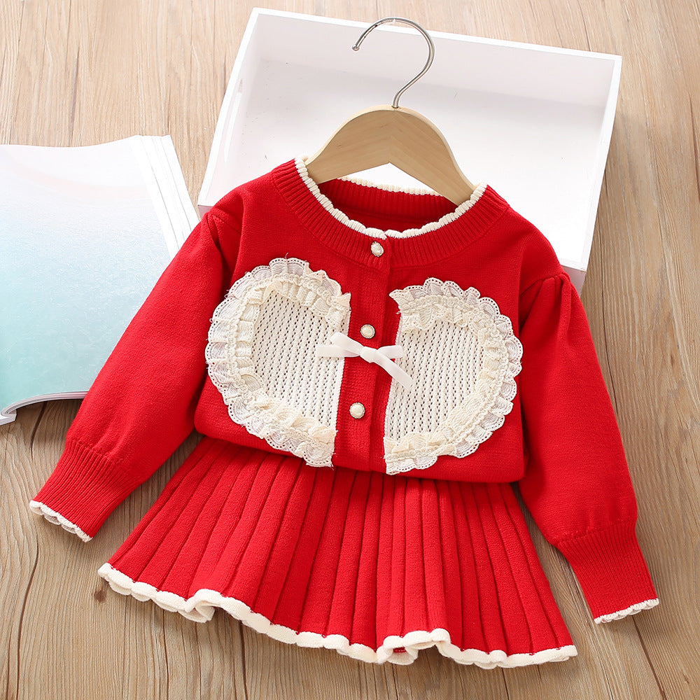 A girls sweater set, foreign style, sweet little girl peach heart fashionable knitted long-sleeved cardigan skirt two-piece set