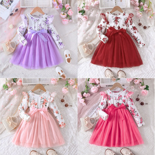 Summer little girl flower print stitching gauze long sleeve dress 0.17kg