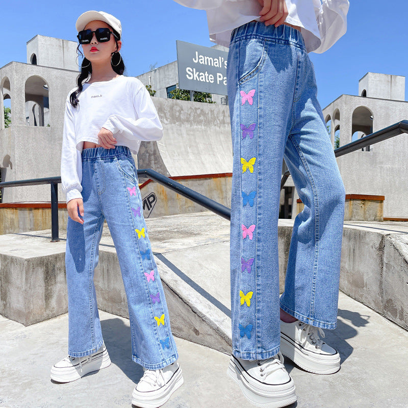 Girls' Jeans 2023 Spring and Autumn New Clothes: Big Kids Wide Leg Pants, Children's Straight Leg Pants, Loose Long Pants, 12 Year Old Tide 0.4kg