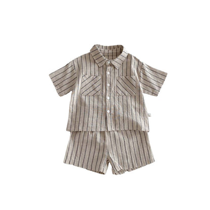 Conjunto de camisa y pantalones cortos de manga corta a rayas retro de versión coreana para niños, bebés, niños y niñas en ropa informal fina de verano a la moda 