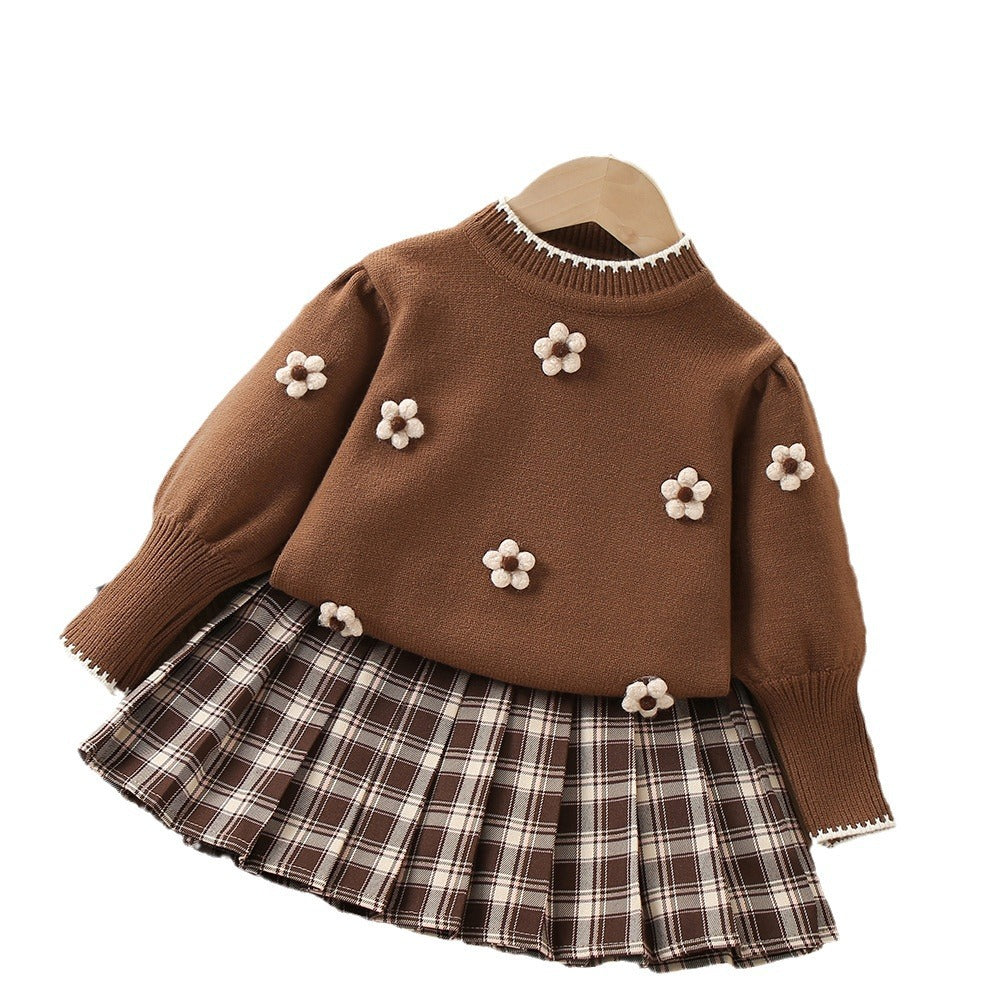 A girls sweater set autumn and winter new foreign style flower girls long sleeve knitted pullover pleated skirt two-piece set