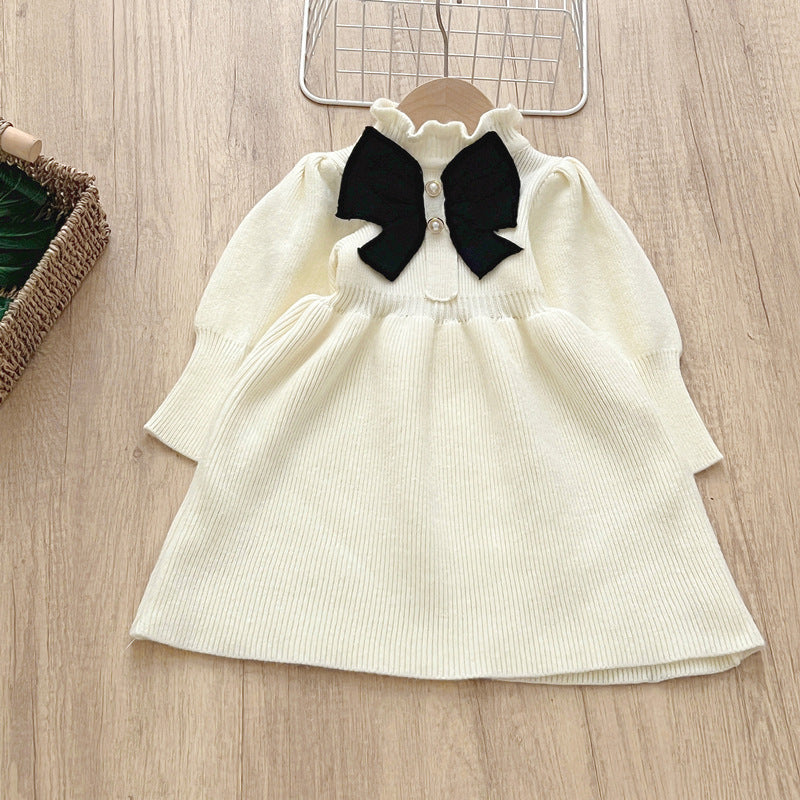 Girls' woolen dress, children's knitted dress, new bow fashion long dress, baby girl dress