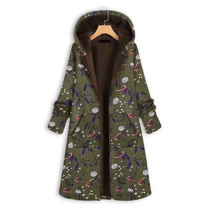 Autumn and winter thickened printed hooded slim long cotton coat warm jacket