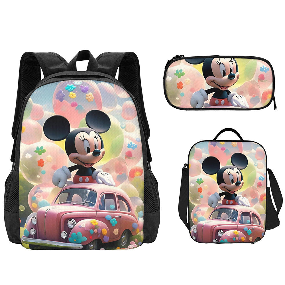 Mochila escolar de Mickey, estuche para lápices de primaria, bolsa de comida, mochila para niños de venta caliente transfronteriza, mochila para niños de jardín de infantes, conjunto de tres piezas para mujer 