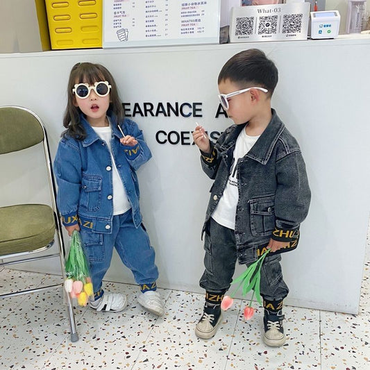 A Boys' Denim Suit Spring Clothing Foreign Style Spring and Autumn Baby Handsome Boy Children's Fried Street Two-piece Set Men's Treasure Children's Clothing