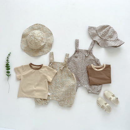 A children&#039;s summer Korean plaid bib suit ins baby boy and girl baby round neck T-shirt two-piece hat