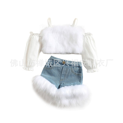 Autumn/Winter New Strap Off Shoulder Top Denim Set Winter Cross border Girls Fashion Fur Splicing Set