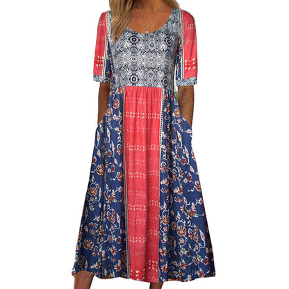 A 2024 Europe, America, Amazon Summer New Women's Crew Neck Short Sleeve Long Dress Bohemian Print Dress Women