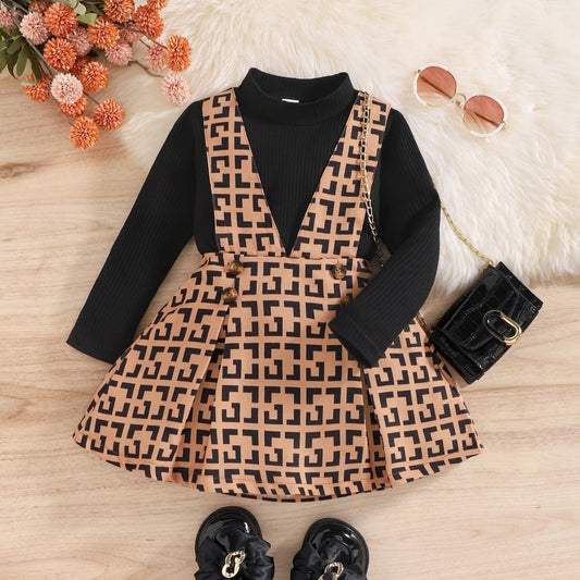 TX Children's Clothing Autumn/Winter Cross border Girls' Classic Old Flower Print Backband Skirt High Neck Long Sleeve Two piece Set for Kids 0.25kg