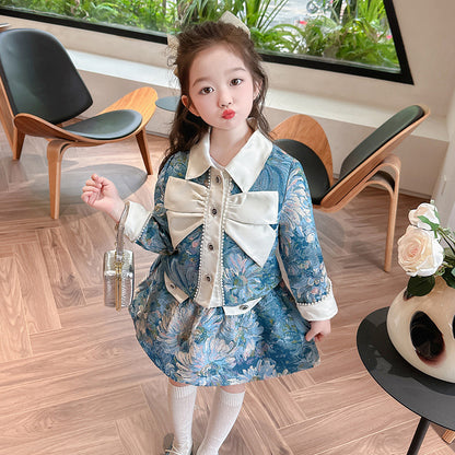 Traje de niña con fragancia pequeña, traje de primavera, nueva versión coreana para niñas, chaqueta con estampado floral, falda, conjunto de dos piezas, 0,49 kg 