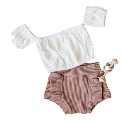 A 2024 summer girls&#039; baby baby knitted pit strip tube top off-the-shoulder bubble sleeve top vest shorts 2-piece set