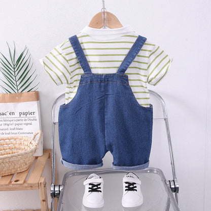 Boy's Summer Set 2024 New Foreign Style Children's Summer Lapel Sliver Denim Strap Short Sleeve Two-Piece Set 0.3kg