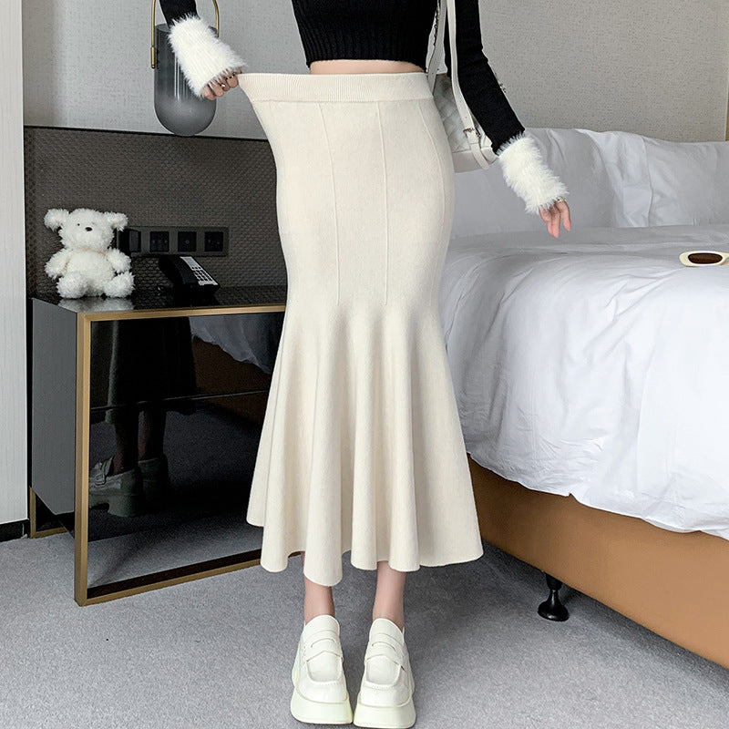 Knitted half length skirt for women in autumn and winter , new sweet and slim fit fishtail skirt, thickened and long, buttocks wrapped skirt(Weight:0.55kg)