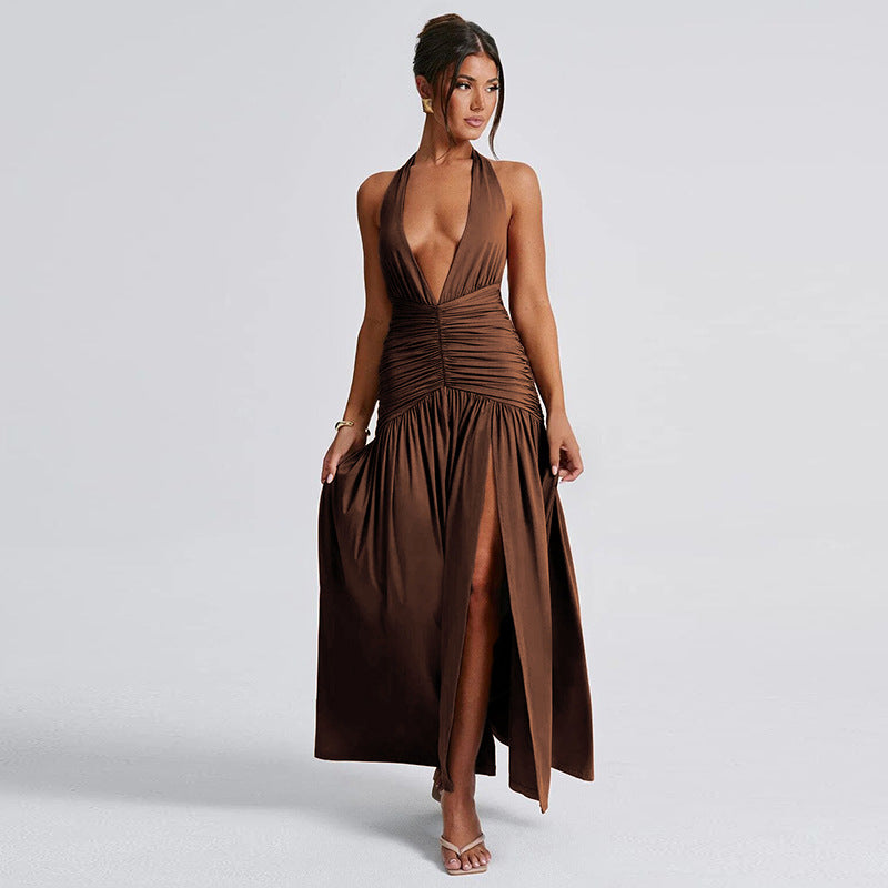 A European and American style 2024 summer new women's clothing temperament neck V-neck long dress sexy split pleated backless dress