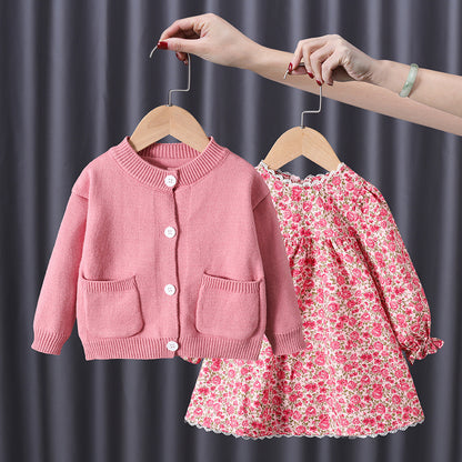 Chaqueta de suéter rosa melocotón para niñas, ropa de otoño 2023, vestido floral dulce Chaoxian para bebés, conjunto de falda para niños, 0,2 kg