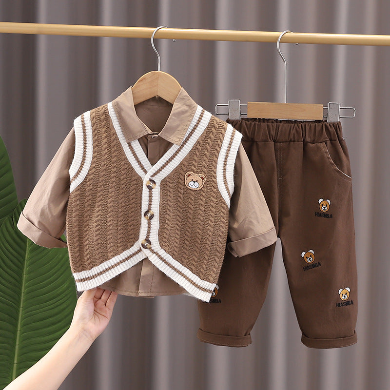 A boys autumn suit new children's spring and autumn foreign style boys baby sweater vest cardigan three-piece trendy set