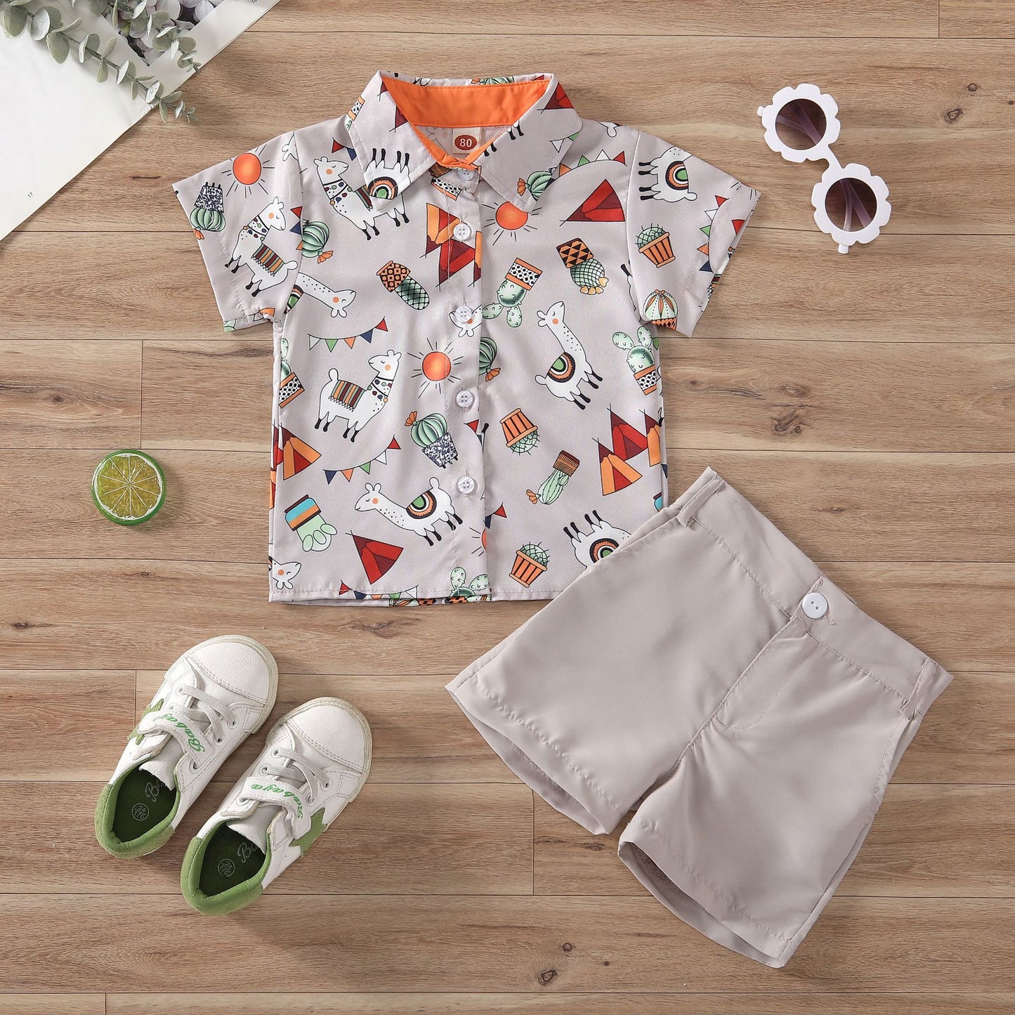 Dinosaur shirt set short sleeve shorts lower full print dinosaur shirt set yellow green solid color summer 0.12kg