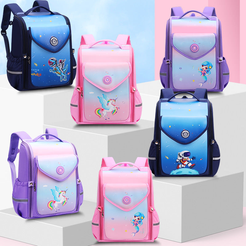 A new gradient integrated elementary school backpack for boys in grades one, two, three, four, five, and six, spine protection children's backpack for girls