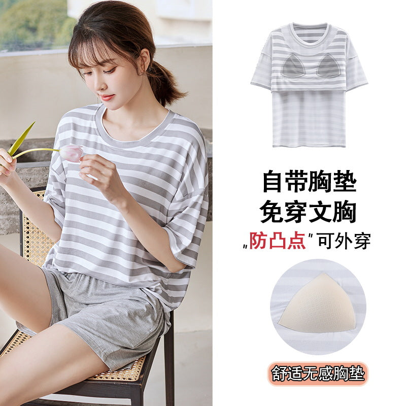 A 2024 Modal pajamas women's summer thin short-sleeved shorts anti-bumps with chest pads loungewear suit can be worn outside