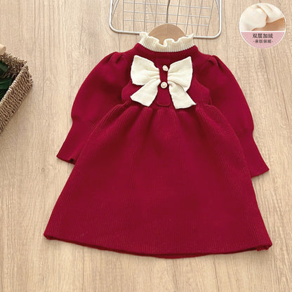 Girls' woolen dress, children's knitted dress, new bow fashion long dress, baby girl dress