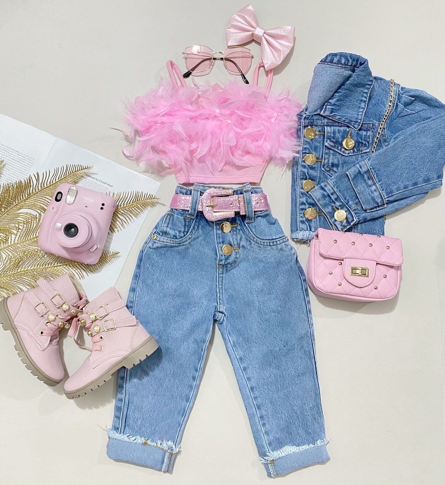 New Girls Solid Color Camisole + Denim Trousers Set 0.2kg