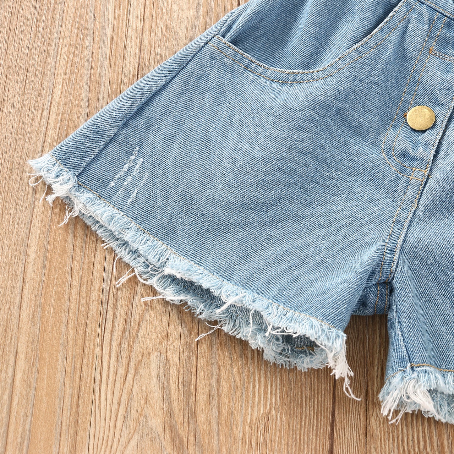 Children's Summer Short Sleeve Set, Little Girl Blue Denim Buttons, Fashion Korean Children's Clothing 0.2kg