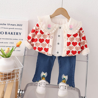 A girls cute suit autumn clothes new three-piece set full of love children's spring and autumn children's clothing trend