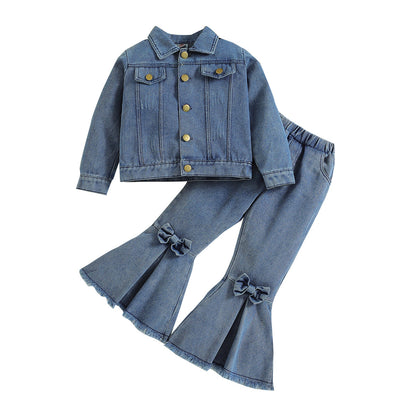 European and American children's denim suits, baby autumn clothes, new long-sleeved denim jackets, bell bottoms, fashionable children's two-piece set(WEIGHT:0.6KG)