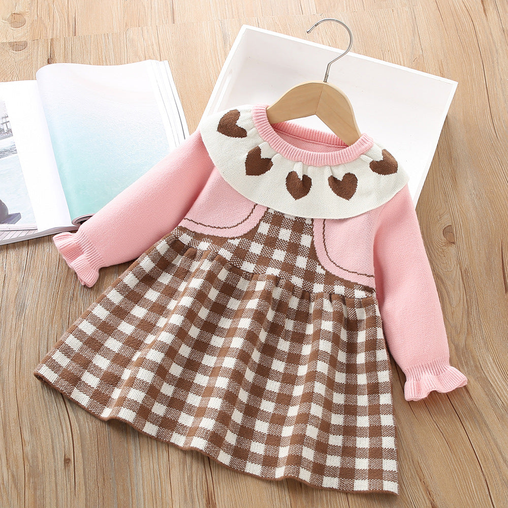 A girls sweater autumn and winter new sweet plaid baby knitted love Korean version doll long-sleeved princess dress