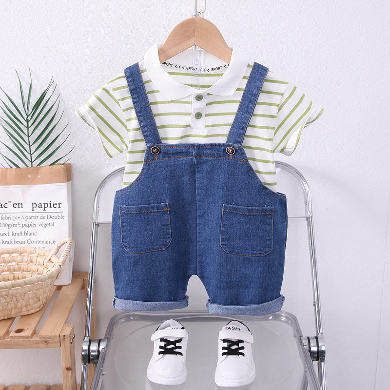 Boy's Summer Set 2024 New Foreign Style Children's Summer Lapel Sliver Denim Strap Short Sleeve Two-Piece Set 0.3kg